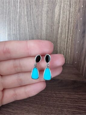 Sterling Silver Turquoise Drop Earrings - Blue & Black Teardrop Dangle